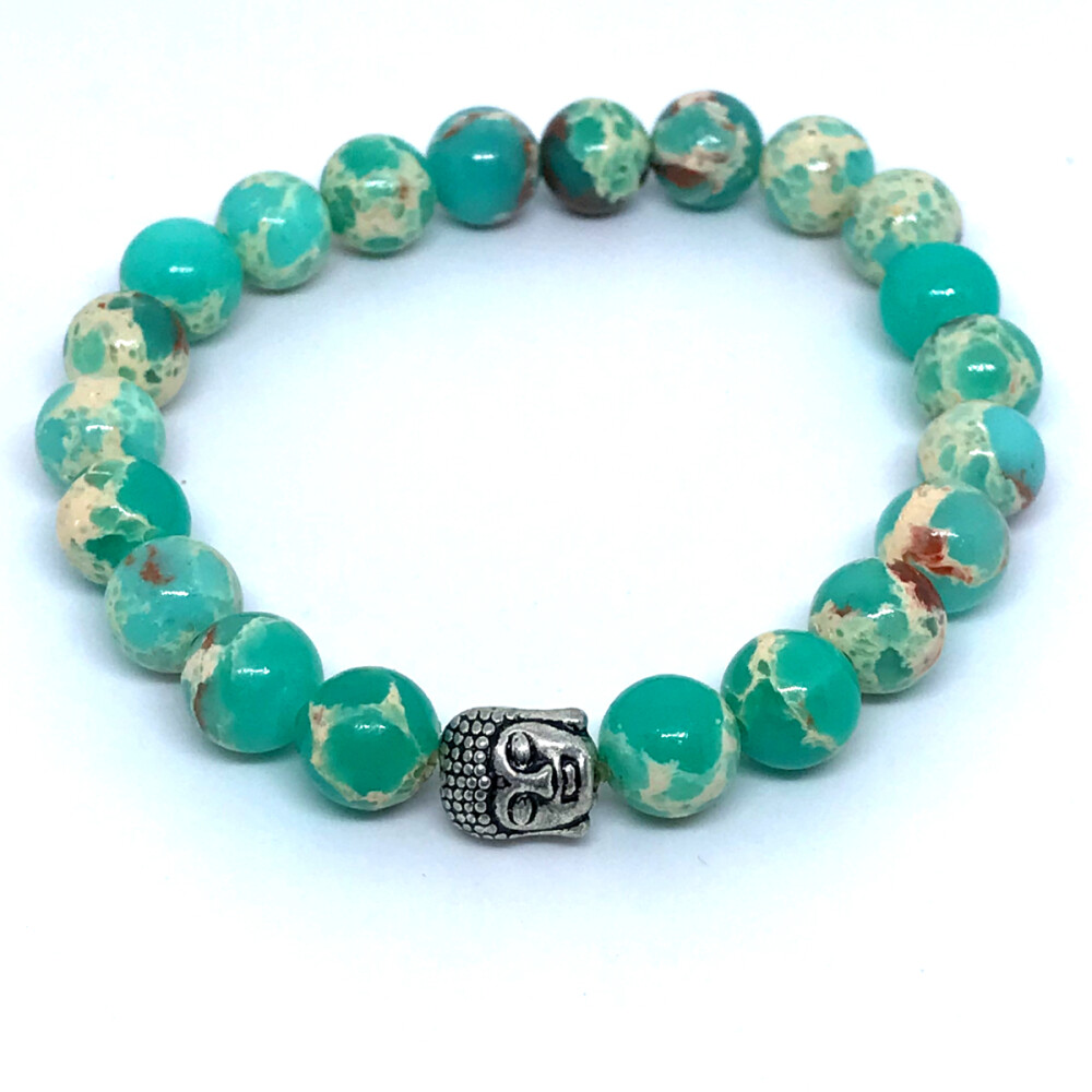 Pulseira em pedras Jaspe Imperial Verde agua e Buda