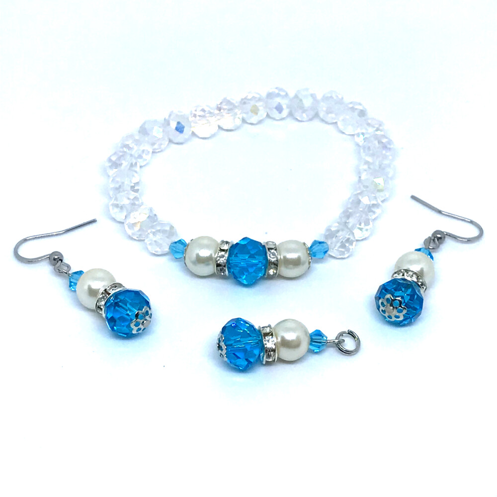 Conjunto Luxo com Pulseira,Pingente e brincos em Inox com Cristai
