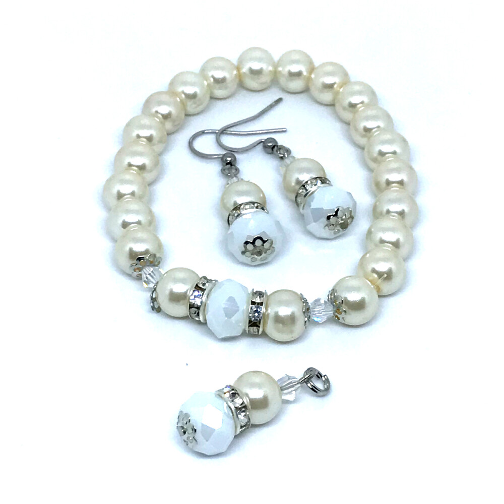 Conjunto Brilho e Elegancia Classica Perola de Vidro ,Cristal e I