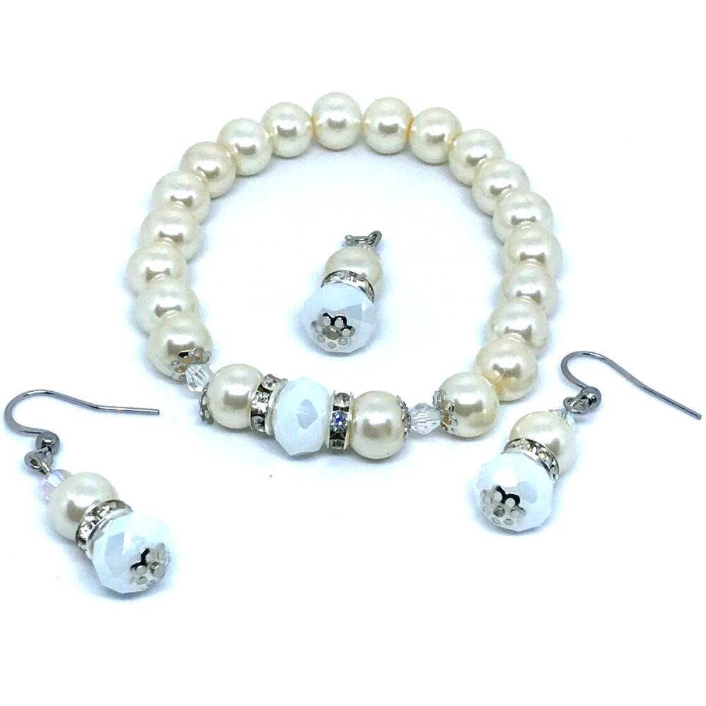 Conjunto Brilho e Elegancia Classica Perola de Vidro ,Cristal e I