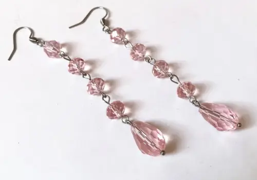 Brinco Cristal Rosa Facetado e Gota e Acabamento em Inox