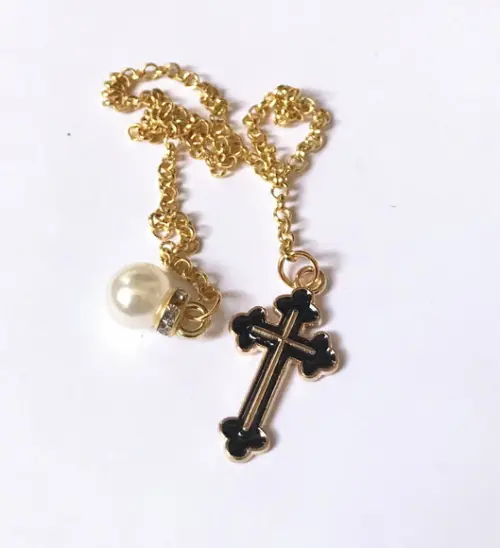 Marcador de Paginas Corrente Crucifixo e Perola com Cristal