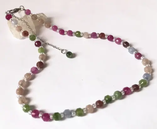 Choker Colar Jade Multi Colorida Facetadas e Inox