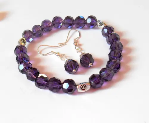 Conjunto Pulseira e Brincos Cristal Roxo Facetado
