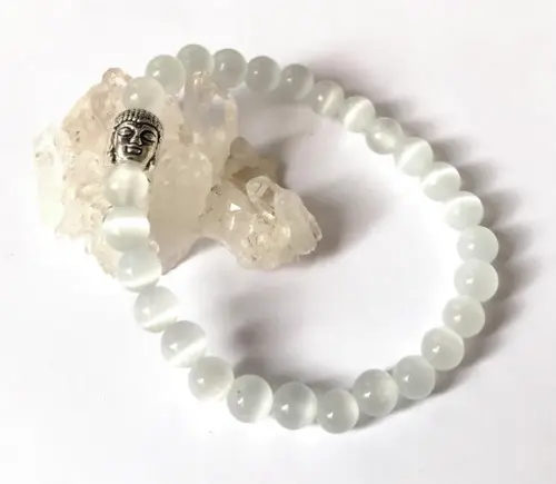 Pulseira Japamala 27 Contas Olho Gato Branco e Meru Buda
