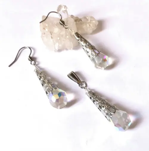 Conjunto Brinco e Pingente com Gota de Cristal e Aço Inox