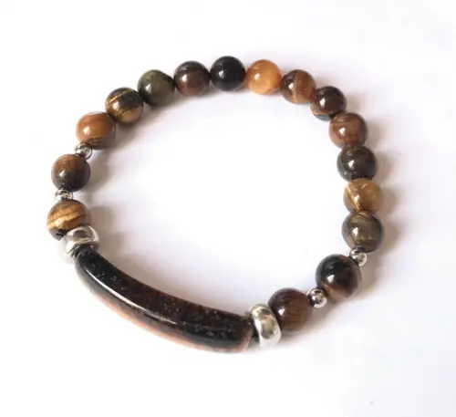Pulseira com Olho de Tigre e Entremeios Prateados