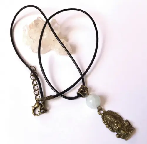 Cordão Colar com Agua Marinha e Ganesha Ouro Velho