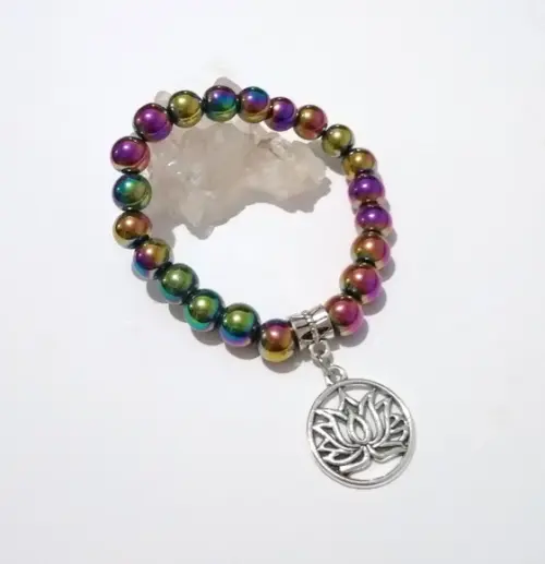 Pulseira Japamala com Hematitas e Pingente Flor de Lótus