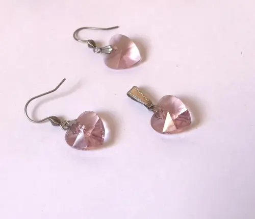 Conjunto Brinco e Pingente Coração Cristal Rosa Aço Inox