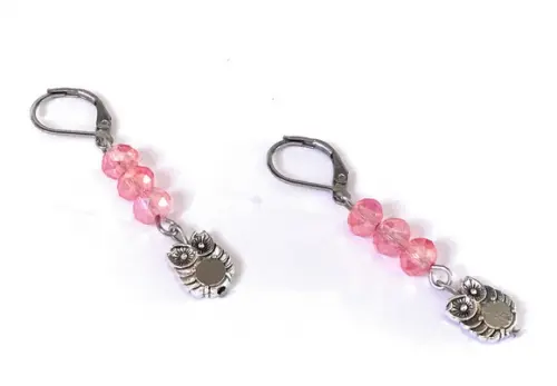 Brinco Gancho Fechado Inox Cristal Rosa Facetado e Coruja