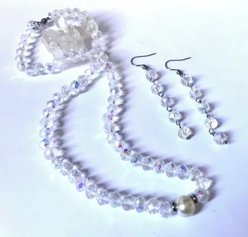Conjunto Colar e Brincos Cristal Facetado Ab e Aço Inox