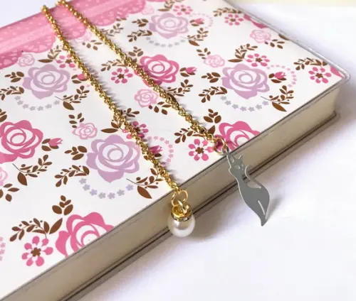 Marcador de Paginas Corrente com Gato e Perola com Cristal