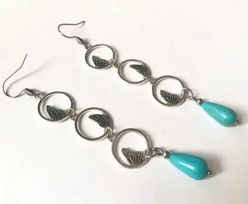 Brinco Gota Turquesa Entremeio Borboleta e Gancho Aço Inox