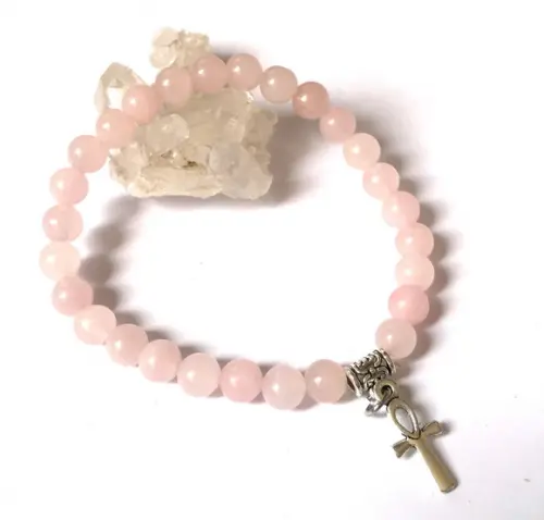 Pulseira Japamala 27 Contas Quartzo Rosa e Cruz Egipcia Ankh