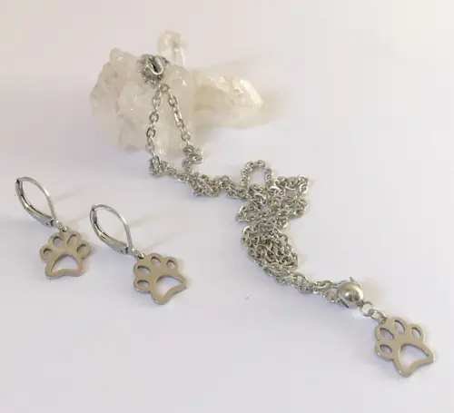 Conjunto Brincos e Corrente com Pingente Aço Inox Patinhas