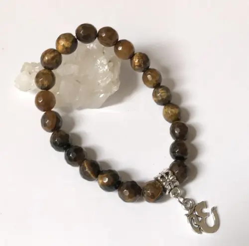 Pulseira Japamala Olho de Tigre Facetada 21 Contas e Om
