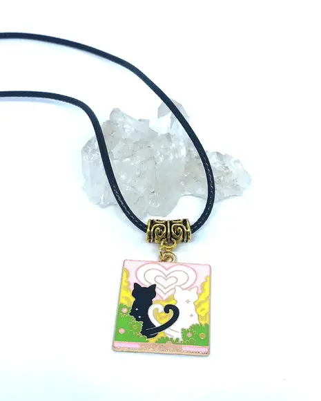 Cordão Colar com Cartas de Tarot Cat Esmaltado Meta Dourado