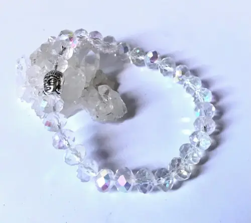 Pulseira Japamala com Cristais Ab e Buda Prateado