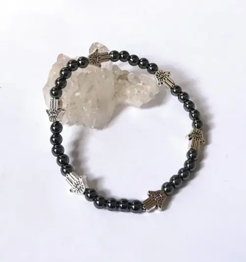 Pulseira Ajustavel com Hematita e Mão de Buda com Olho Grego