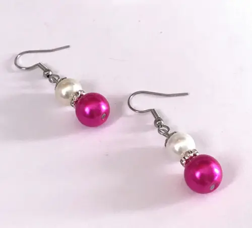 Brinco Pérola Branca e Pink com Cristale Gancho Aço Inox