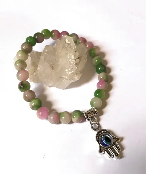 Pulseira Japamala 27 Contas Jade Colorida e Mao de Fatima