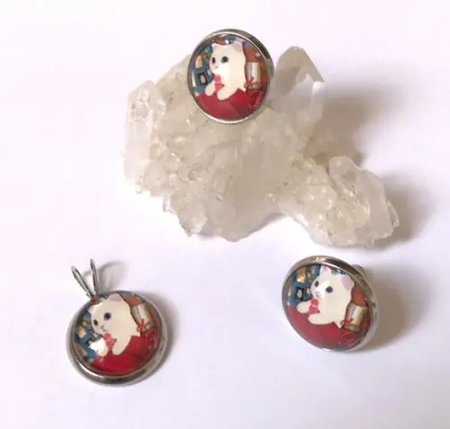 Conjunto Brinco e Pingente Aço Inox com Cabochão Gato