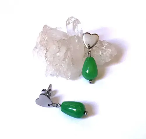 Brinco Pino Aço Inox e Gota de Jade Verde
