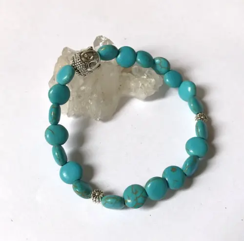 Pulseira Japamala com Turquesa Moeda e Buda Prateado