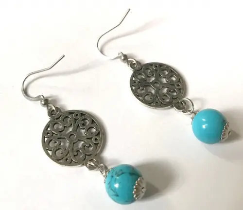 Brinco Turquesa Azul , Mandala e Gancho em Aço Inox