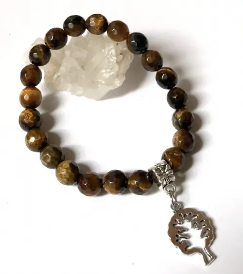 Pulseira Japamala Olho de Tigre Facetada e Arvore da Vida