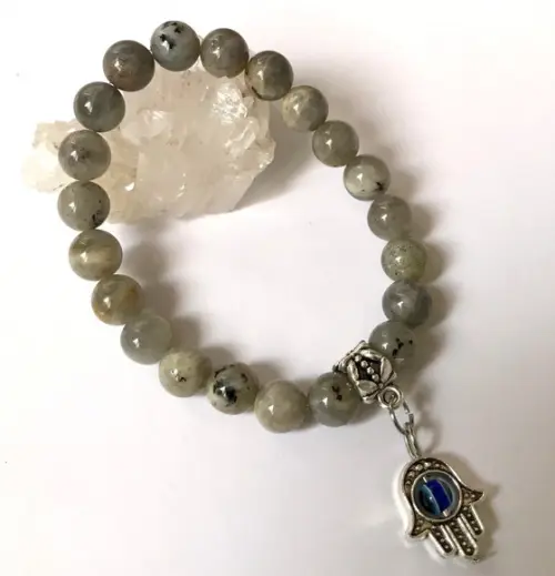 Pulseira Japamala com Labradorita 21 Contas e Mão de Fatima