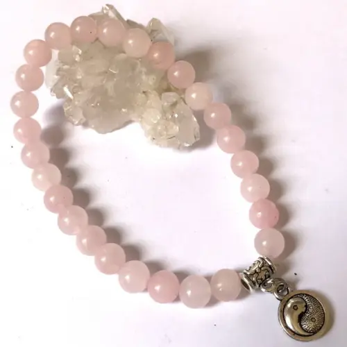 Pulseira Japamala 27 Contas Quartzo Rosa e Simbolo Yin-yang