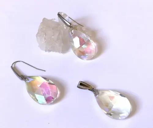 Conjunto Brinco e Pingente Gota de Cristal e Aço Inoxidavel