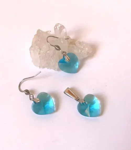 Conjunto Brinco e Pingente Coração Cristal Azul e Aço Inox
