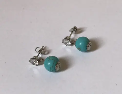 Brinco Aço Inox Com Zirconia E Turquesa Reconstituida Azul