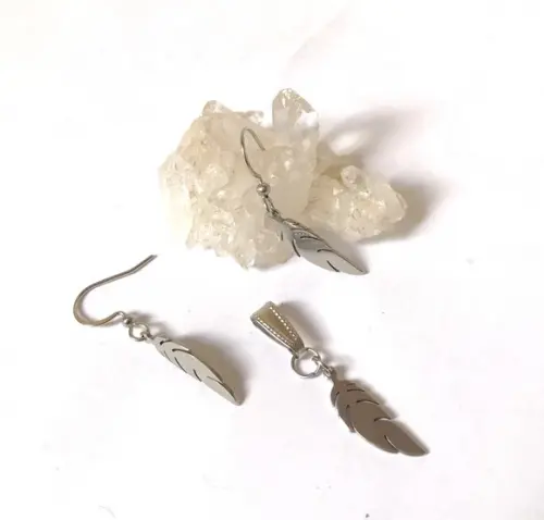 Conjunto Brincos e Pingente Pena em Aço Inox