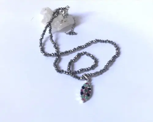 Choker Cristal Prata Ab 2 mm e Pingente Oval com Multi Gemas