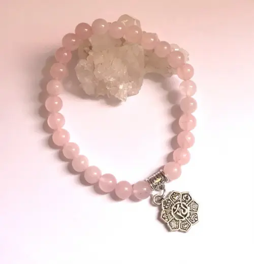 Pulseira Japamala 27 Contas Quartzo Rosa e Mandala Om