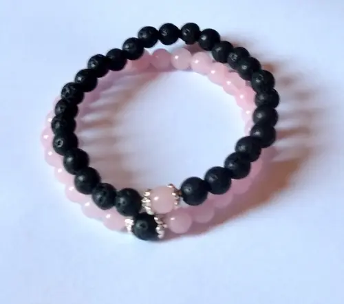 Pulseira Japamala Quartzo Rosa Lava Vulcanica Kit com 2
