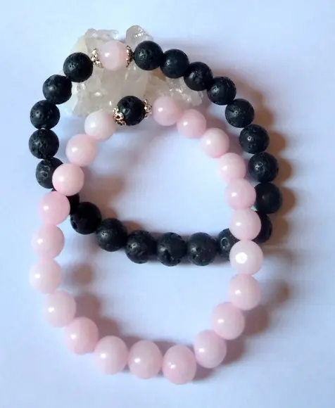 Pulseira Japamala quartzo rosa lava vulcanica kit com 2