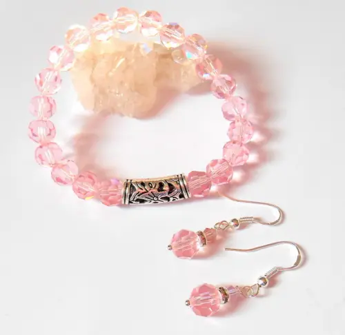 Conjunto com Pulseira e Brincos Cristal Rosa Facetado