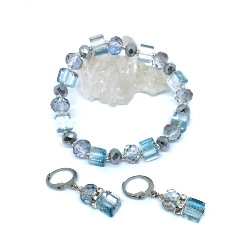 Conjunto luxo brinco e pulseira cristal boreal ( cinza azulado)