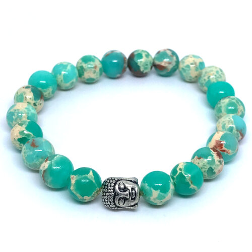 Pulseira em pedras Jaspe Imperial Verde agua e Buda