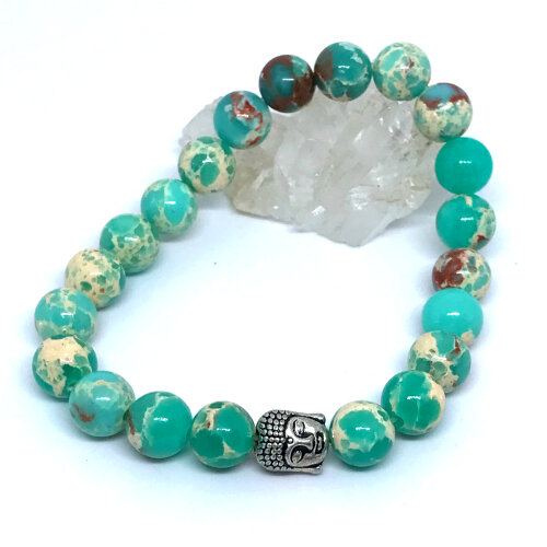 Pulseira em pedras Jaspe Imperial Verde agua e Buda