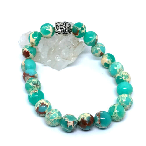 Pulseira em pedras Jaspe Imperial Verde agua e Buda