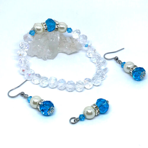 Conjunto Luxo com Pulseira,Pingente e brincos em Inox com Cristais e Perolas