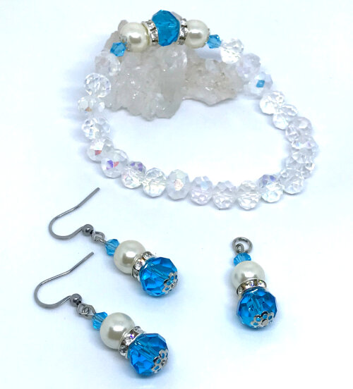 Conjunto Luxo com Pulseira,Pingente e brincos em Inox com Cristai