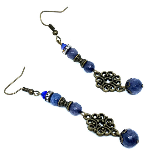 Brinco Jade Azul Safira Facetada com Gancho Ouro Velho