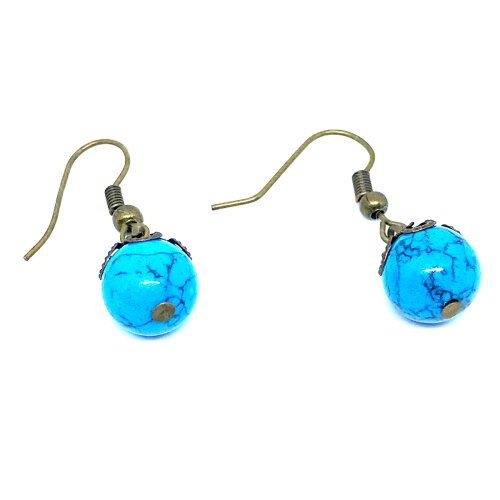 Brinco Vintage Ouro Velho Esfera Turquesa Reconstituída 10mm